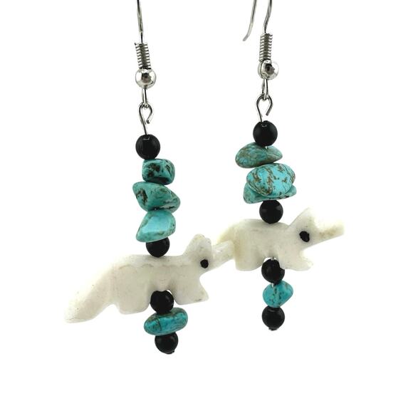Handmade Upcycled Vintage Faux Turquoise Carved Wolf Fox Dangle Drop Earrings - Picture 3 of 4
